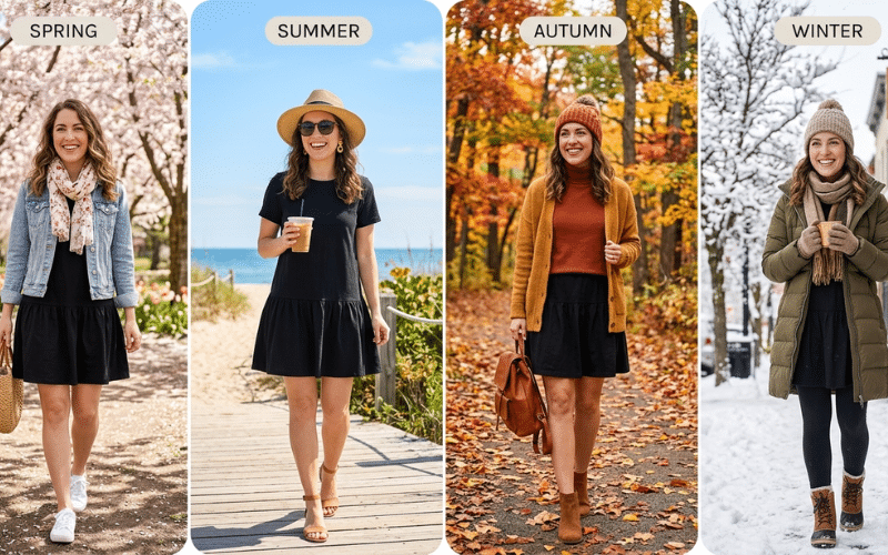 A Model Wearing A Drop Waist Dress With Light Layers In Spring And Warmer Layers In Winter A Model Wearing A Drop-Waist Dress With Light Layers In Spring And Warmer Layers In Winter.