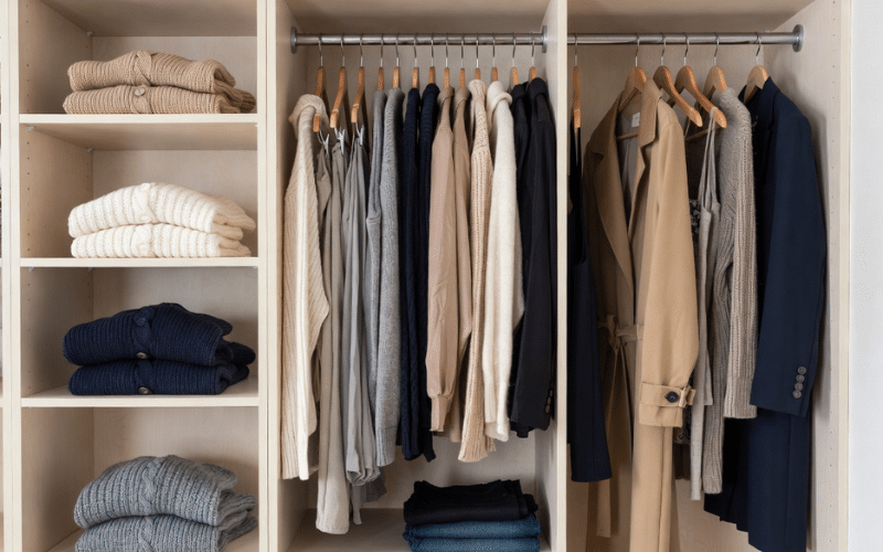 A Person Selecting Items From A Small, Curated Work Wardrobe, Demonstrating Practical Dressing.