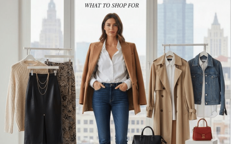 A White Shirt On A Hanger With Coordinating Shoes Bags And Layers Showing What To Shop For A White Shirt On A Hanger With Coordinating Shoes, Bags, And Layers, Showing What To Shop For.