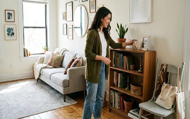 A Woman In A Stylish Olive Green Cardigan And Jeans Smiles As She Decorates A Vintage Wooden Bookshelf In A Bright Cozy Apartment A Woman In A Stylish Olive Green Cardigan And Jeans Smiles As She Decorates A Vintage Wooden Bookshelf In A Bright Cozy Apartment
