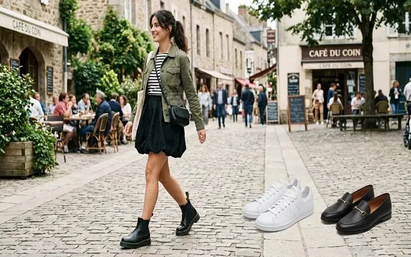 A Woman Walks Down A Cobblestone Street Wearing A Black Bubble Mini Skirt And Chelsea Boots With White Sneakers And Black Loafers Displayed Alongside Her As Alternative Styling Options A Woman Walks Down A Cobblestone Street Wearing A Black Bubble Mini Skirt And Chelsea Boots With White Sneakers And Black Loafers Displayed Alongside Her As Alternative Styling Options