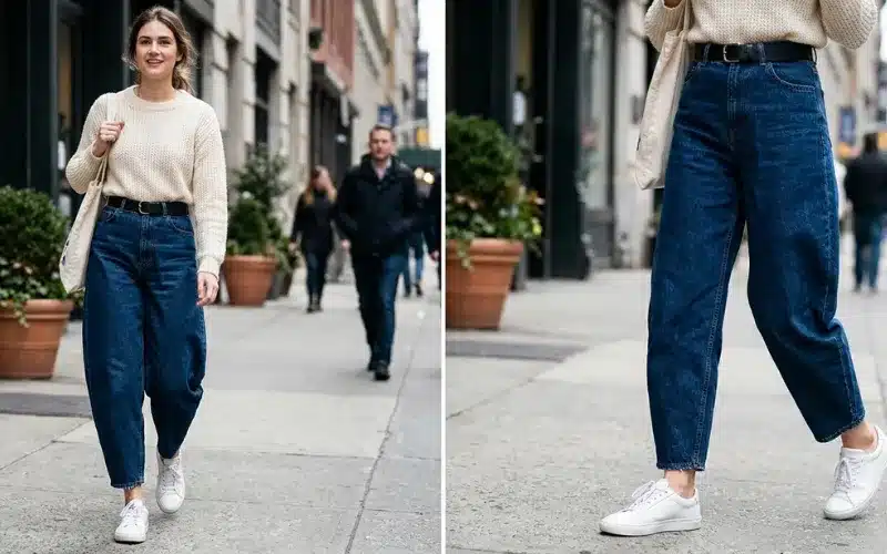 Barrel Jeans Explained With Relaxed Fit Denim Shape High Waist Curved Leg Jeans Style Guide For Beginners