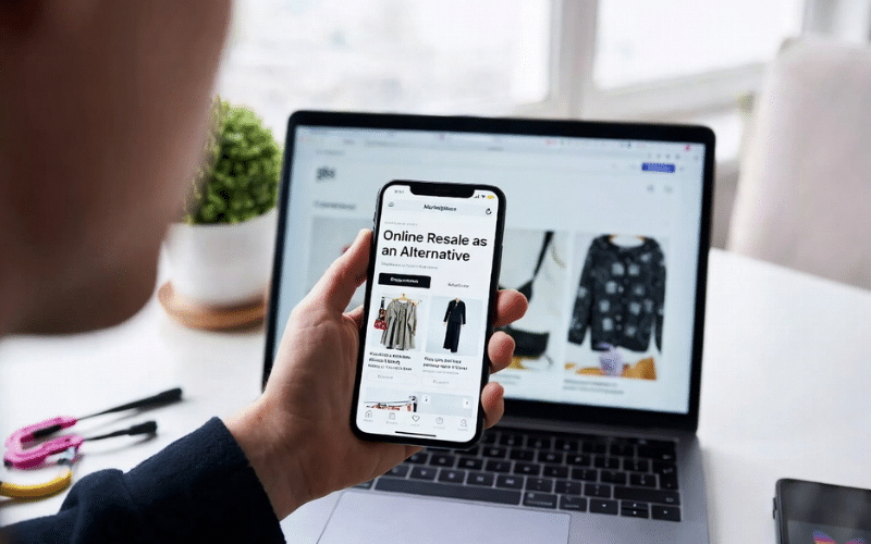 Clothes Arranged Neatly While A Seller Uploads Photos To An Online Resale Platform.