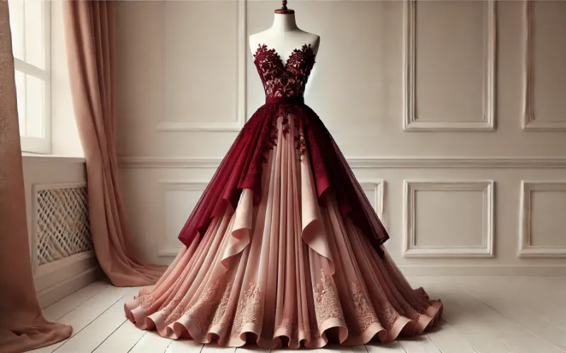 Dall·e 2025 01 03 05.49.20 A Stunning Formal Dress In A Burgundy And Blush Pink Color Combination. The Dress Features A Rich Burgundy Bodice With Intricate Lace Detailing Paire 1 Burgundy + Blush Pink: