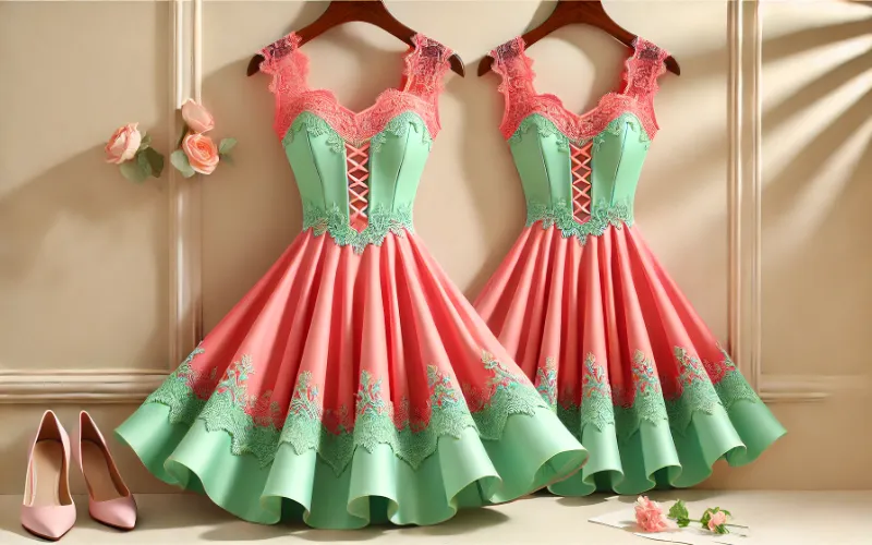 Dall·e 2025 01 03 05.53.26 A Charming And Playful Dress In A Coral Pink And Mint Green Color Combination. The Dress Features A Fitted Coral Pink Bodice With Delicate Mint Green 1 Coral-Pink-Mint-Green