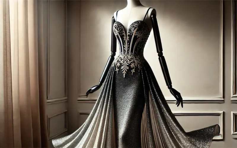 Dall·e 2025 01 03 06.03.25 A Sleek And Glamorous Formal Dress In A Charcoal Black And Metallic Silver Color Combination. The Dress Features A Fitted Charcoal Black Bodice With S 1 Charcoal Black-Metallic Silver