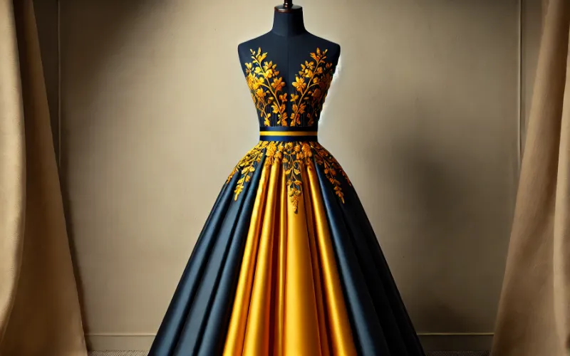 Dall·e 2025 01 03 06.03.27 An Elegant Formal Dress In A Navy Blue And Marigold Yellow Color Combination. The Dress Features A Structured Navy Blue Bodice With Subtle Marigold Ye 1 1 Navy Blue -Marigold Yellow