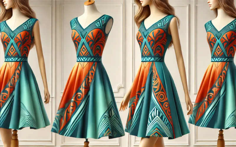 Dall·e 2025 01 03 06.09.11 A Bold And Modern Dress In A Tangerine And Teal Color Combination. The Dress Features A Fitted Tangerine Bodice With Teal Geometric Patterns Transiti 1 Tangerine-Teal-Dress