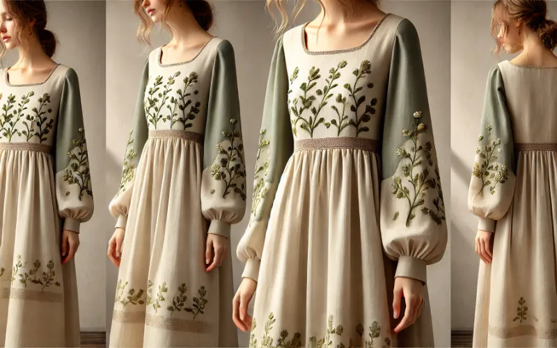 Dall·e 2025 01 03 06.16.54 An Elegant And Understated Dress In A Beige And Sage Green Color Combination. The Dress Features A Soft Beige Bodice With Sage Green Floral Embroidery 1 Beige-Sage-Green