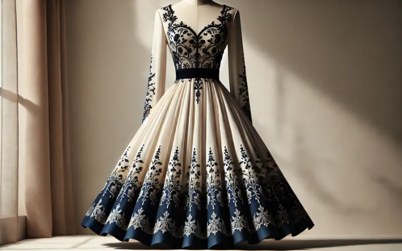 Dall·e 2025 01 03 06.16.59 An Elegant And Timeless Dress In An Off White And Navy Blue Color Combination. The Dress Features An Off White Bodice With Delicate Navy Blue Embroide 1 Off-White-Navy-Blue