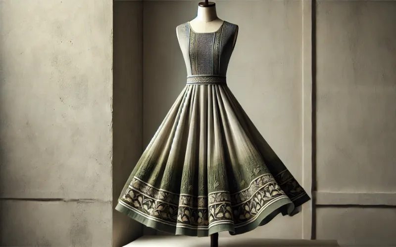 Dall·e 2025 01 03 06.17.04 A Refined And Contemporary Dress In A Stone Gray And Olive Green Color Combination. The Dress Features A Structured Stone Gray Bodice With Olive Green 1 Stone-Gray-Olive-Green