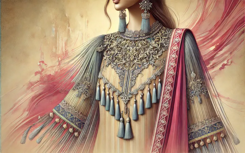 Dall·e 2025 01 09 14.00.45 A Stunning Illustration Of A Pakistani Dress With A Tassels And Fringe Neckline. The Dress Features A Flowing Silhouette With Intricate Detailing On T 1 Tassels-And-Fringe-Necklines