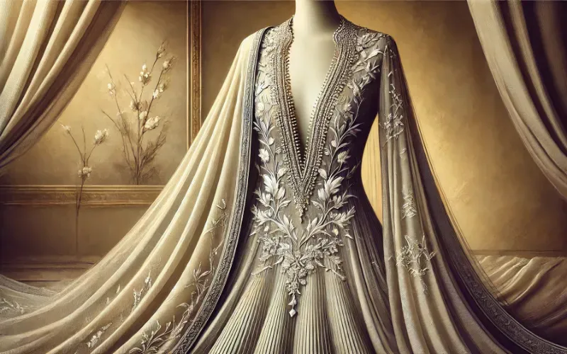Dall·e 2025 01 09 14.06.12 A Sophisticated Illustration Of A Pakistani Formal Dress Featuring A Deep V Cut Neckline. The Dress Is Elegant And Adorned With Intricate Embroidery A 1 1 Deep-V-Cut-Line