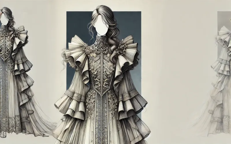 Dall·e 2025 01 09 14.18.41 A Striking Illustration Of A Pakistani Dress Featuring An Unconventional Silhouette And Layered Neckline. The Neckline Is Asymmetrical With Multiple 1 Silhouettes-And-Layering