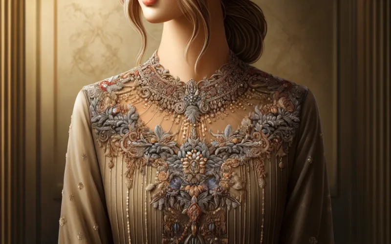Dall·e 2025 01 09 14.20.10 A Detailed Illustration Of A Pakistani Dress Featuring A Neckline Adorned With Intricate Embellishments And Fine Details. The Neckline Is Richly Decor 1 Embellishments-And-Details-Neckline