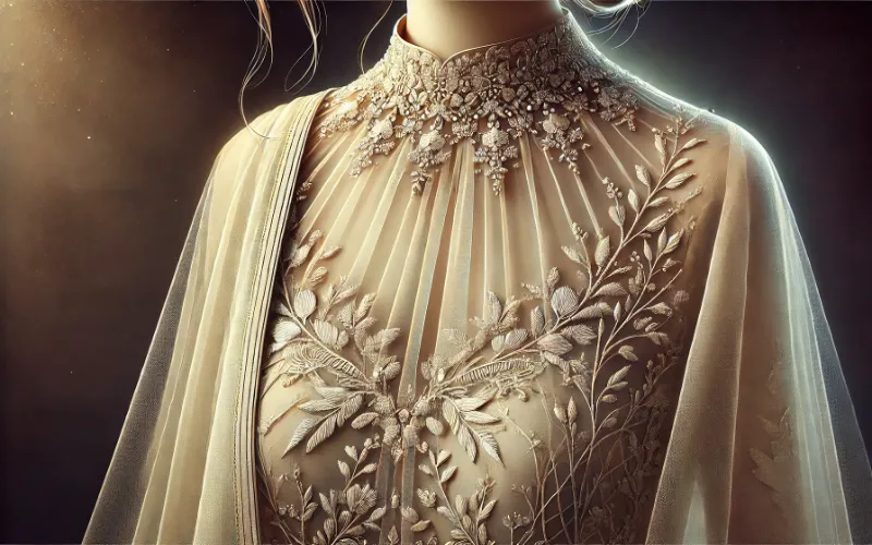 Dall·e 2025 01 09 14.22.46 An Elegant Illustration Of A Pakistani Dress Featuring A Sheer Neckline. The Dress Is Crafted From Luxurious Fabric With A Translucent Tulle Neckline 1 Sheer-Necklines