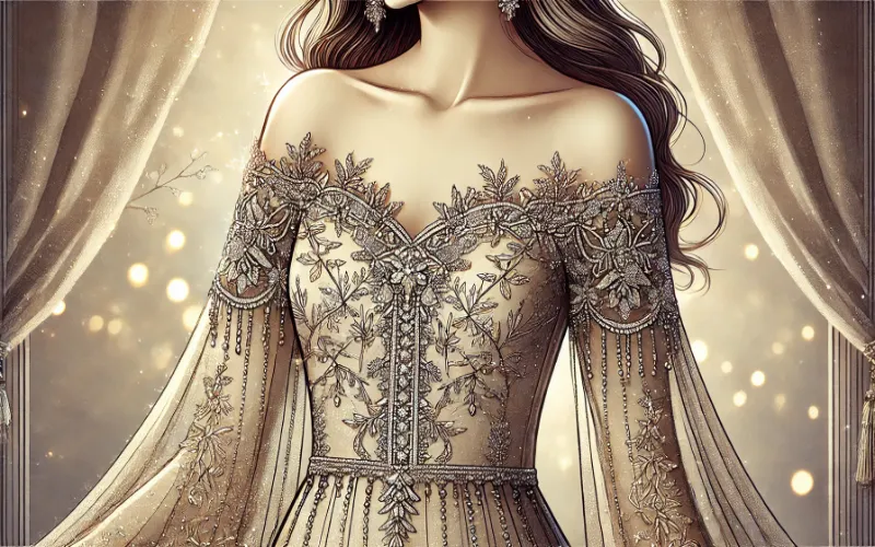 Dall·e 2025 01 09 14.24.10 An Elegant Illustration Of A Pakistani Dress Featuring An Off Shoulder And Sweetheart Neckline. The Dress Combines Traditional Craftsmanship With A Mo 1 Off-Shoulder-Necklines
