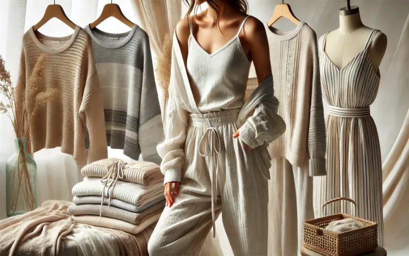 Dall·e 2025 02 04 06.21.37 A Stylish Collection Of Outfits Made From Soft Cotton Breathable Linen And Stretchable Jersey Fabrics. The Outfits Are Designed For Comfort And Vers 1 Stylish Collection Of Outfits Made From Soft Cotton