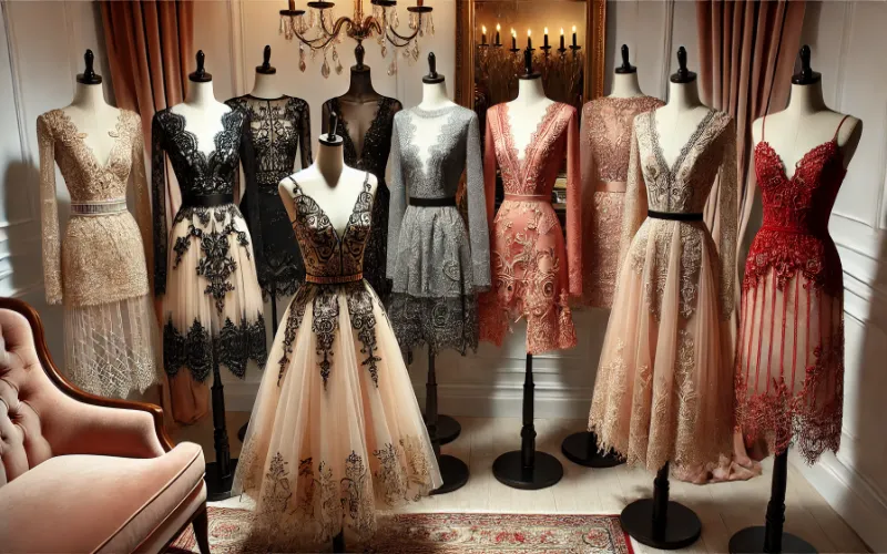 Dall·e 2025 02 04 06.26.45 A Collection Of Elegant Upper Style Party Dresses Displayed In A Stylish Setting. The Dresses Feature Bold Hues Intricate Lacework And Modern Silhou 1 Upper-Style Party Dresses With Bold Hues