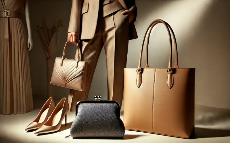 Dall·e 2025 02 04 06.50.35 A Stylish Display Of Handbags Featuring A Sleek Clutch Perfect For Evening Wear And A Structured Tote That Enhances A Professional Ensemble. The Clutc 1 A Sleek Clutch Perfect For Evening Wear Alongside