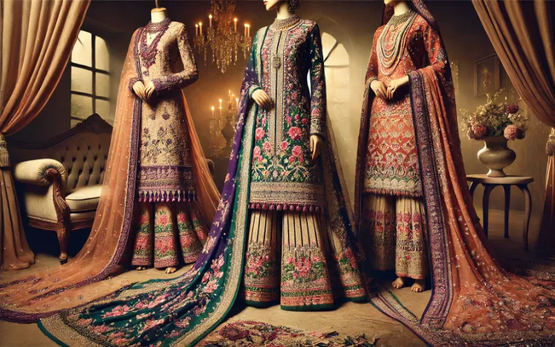 Dall·e 2025 02 04 08.06.33 A Beautiful Display Of Traditional Ghararas And Shararas Featuring Intricate Embroidery Rich Fabrics And Vibrant Colors. The Outfits Are Elegantly 1 Ghararas-And-Shararas