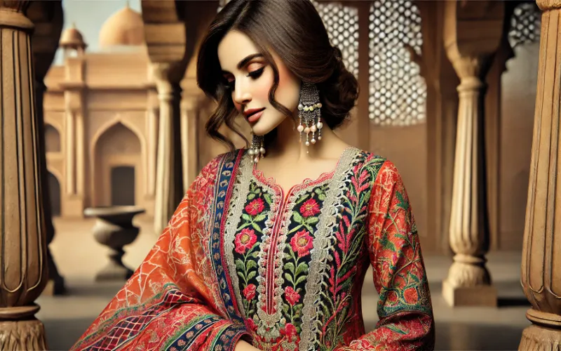 Dall·e 2025 02 04 08.09.50 A Pakistani Woman Wearing A Traditional Shalwar Kameez Featuring Intricate Embroidery And Vibrant Colors. She Is Gracefully Posed In An Elegant Setti 1 Female-Shalwar-Kameez