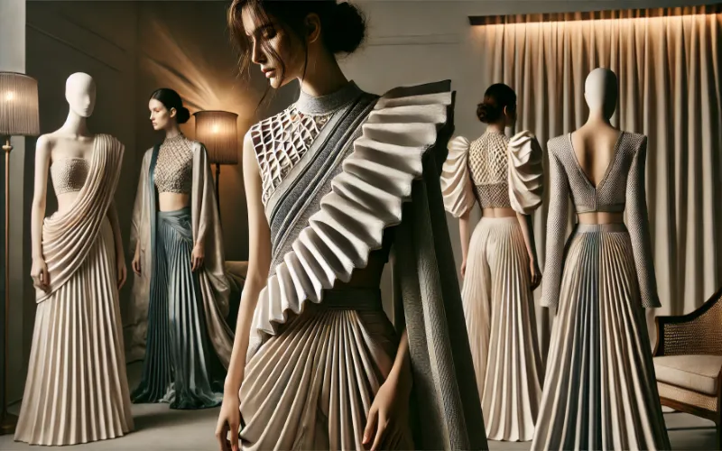 Dall·e 2025 02 04 08.14.23 A Contemporary Fusion Sari With A Modern Twist Featuring Structured Tops And Experimental Pleating. The Design Blends Traditional Elegance With Avant 1 Fusion-Sari