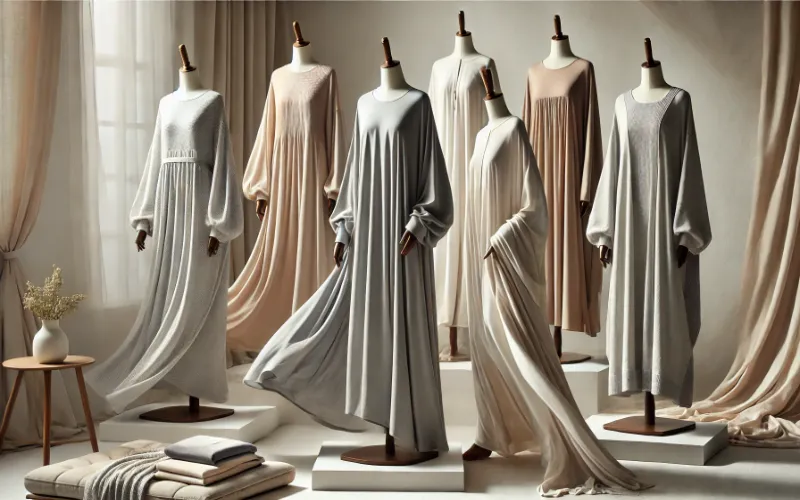 Dall·e 2025 02 04 08.18.21 A Stylish Display Of Long Line Tunics And Solid Toned Kaftans Featuring Flowing Fabrics Elegant Cuts And Minimalistic Designs. The Garments Are Sho 1 Tunic-And-Kaftan