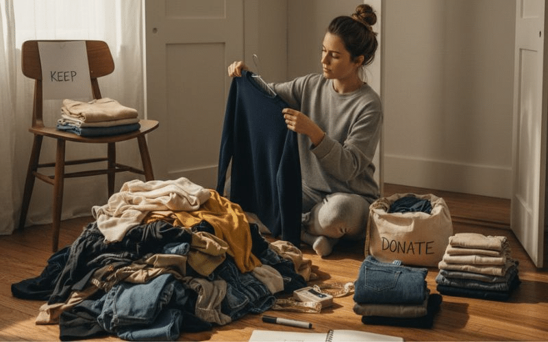 Hands Sorting Clothes And Shoes On A Bed, Showing Careful Assessment Before Buying More.