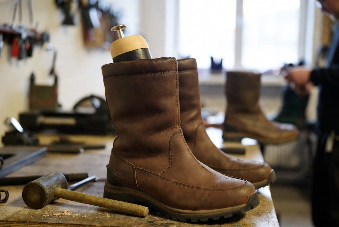Leather Boots Being Brushed And Treated To Protect Against Winter Or Rainy Conditions Leather Boots Being Brushed And Treated To Protect Against Winter Or Rainy Conditions.