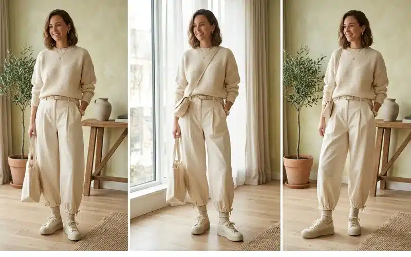 Monochrome Cream Sweater Outfit With Balloon Pants Neutral Tone Fashion Look With Relaxed Fit And Minimal Style Aesthetic Monochrome Cream Sweater Outfit With Balloon Pants Neutral Tone Fashion Look With Relaxed Fit And Minimal Style Aesthetic