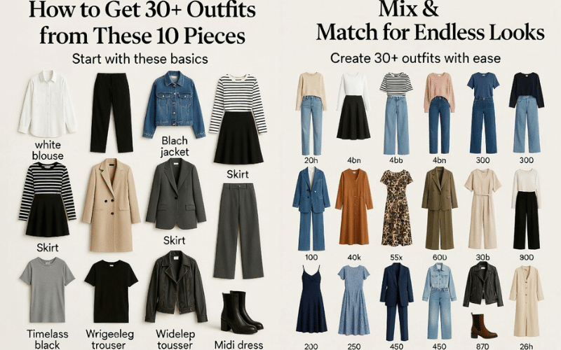 Multiple Outfit Collages Built From 10 Essential Wardrobe Pieces, Emphasizing Creative Styling.
