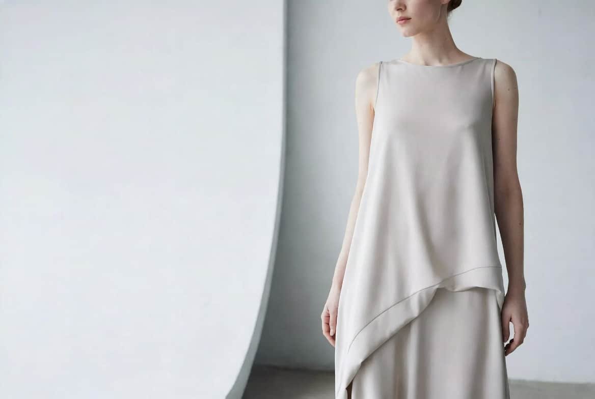Side View Of A Drop Waist Dress Emphasizing The Straight Flowing Silhouette Ideal For Minimalism Side View Of A Drop-Waist Dress Emphasizing The Straight, Flowing Silhouette Ideal For Minimalism.