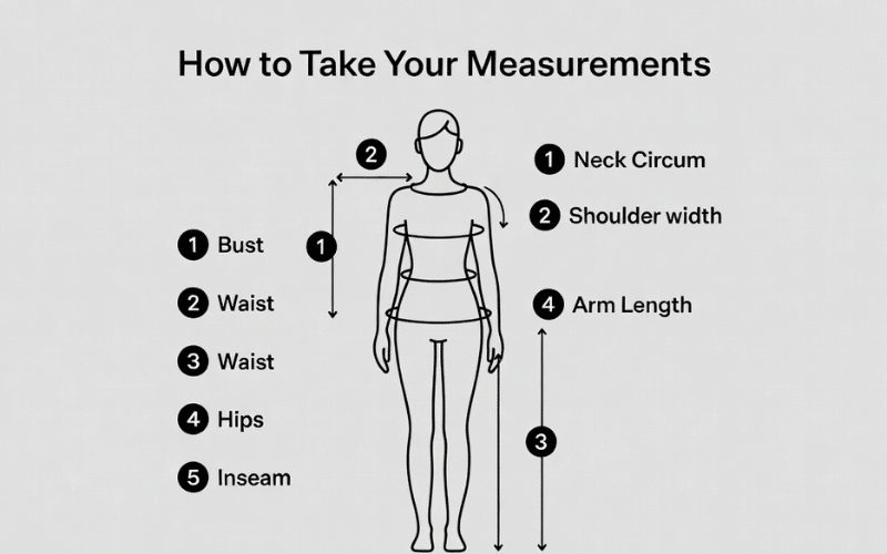 Step-By-Step Body Measuring Process Using A Measuring Tape For Clothing Sizes.