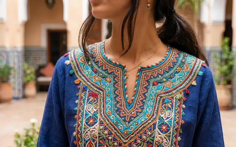 Woman Wearing Patterned Neckline Top With Balanced Colors To Soften Wide Shoulders And Improve Flattering Outfit Styling For Women Woman Wearing Patterned Neckline Top With Balanced Colors To Soften Wide Shoulders And Improve Flattering Outfit Styling For Women